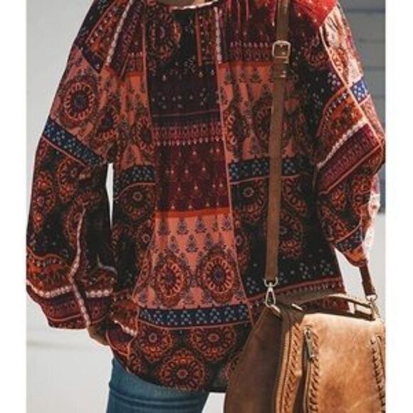 Boho Floral Print Balloon Sleeve Blouse - Picture 3 of 5